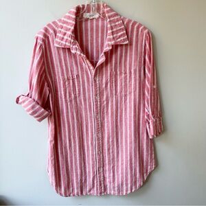 Love Tree linen & cotton striped half sleeve button down women’s shirt